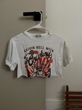 Fashion Nova White Graphic Tee with Brown and Orange Print